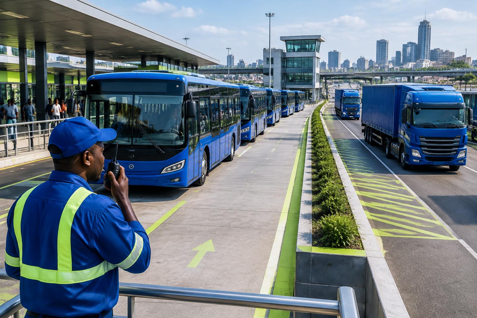 ACITIEL public buses and cargo trucks operating from an African transport interchange