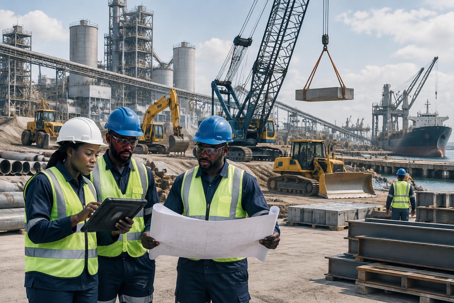 APEX GLOBAL INDUSTRIES engineers coordinating cranes, heavy machinery and industrial infrastructure deployment at an African port