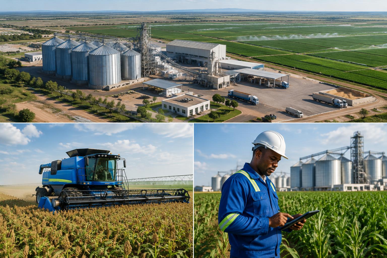 BASE irrigated farmland, agro-processing silos and modern harvesting machinery
