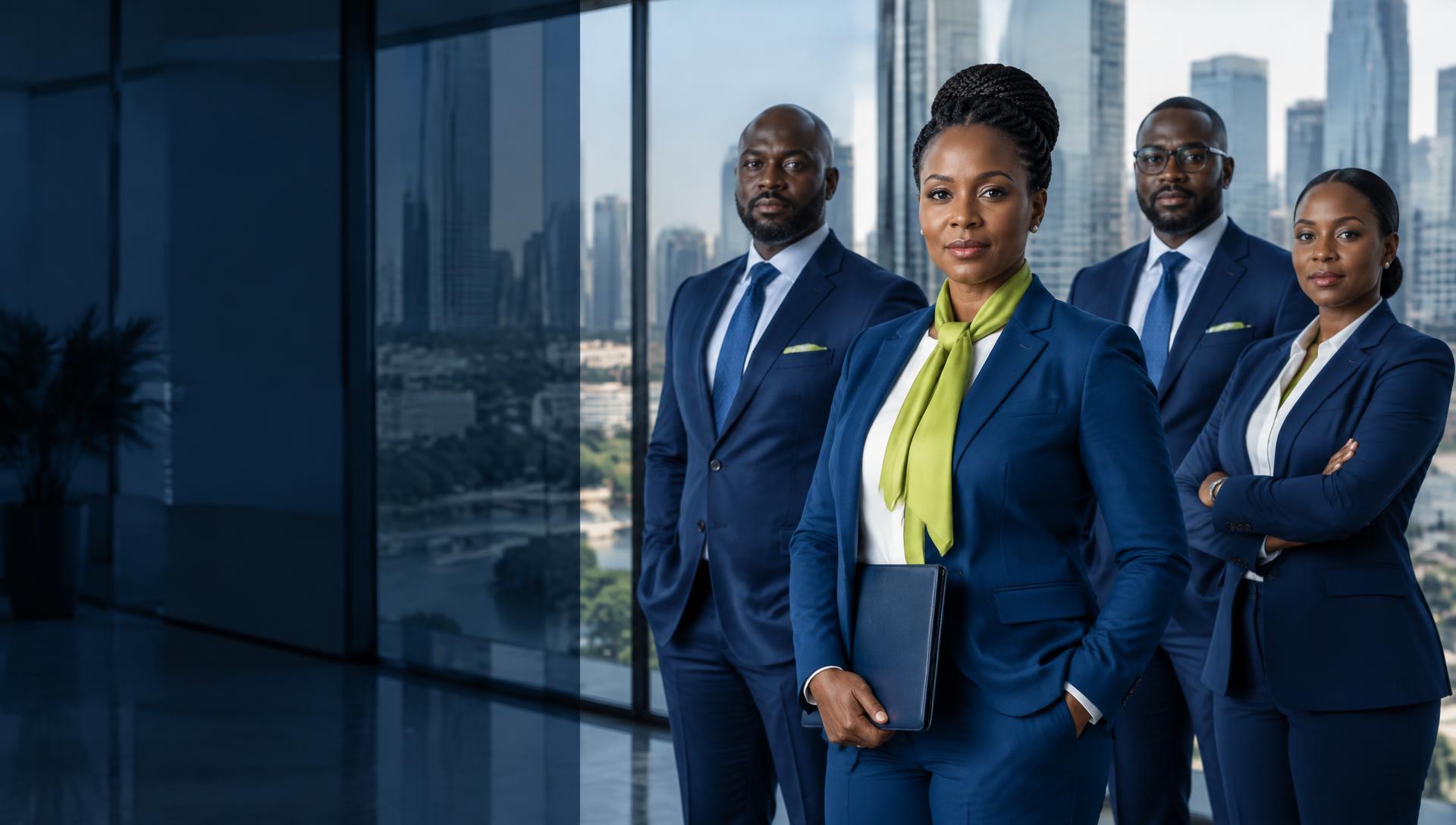 Dirigeants de BIG HOLDING en costume bleu dans un environnement de bureau africain moderne