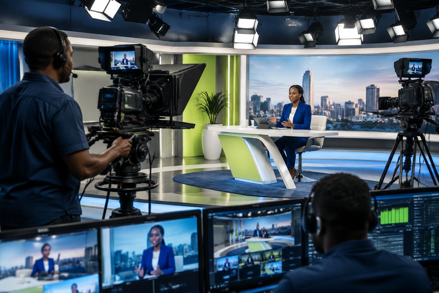 BIG TV presenter and production crew working in a modern broadcast studio