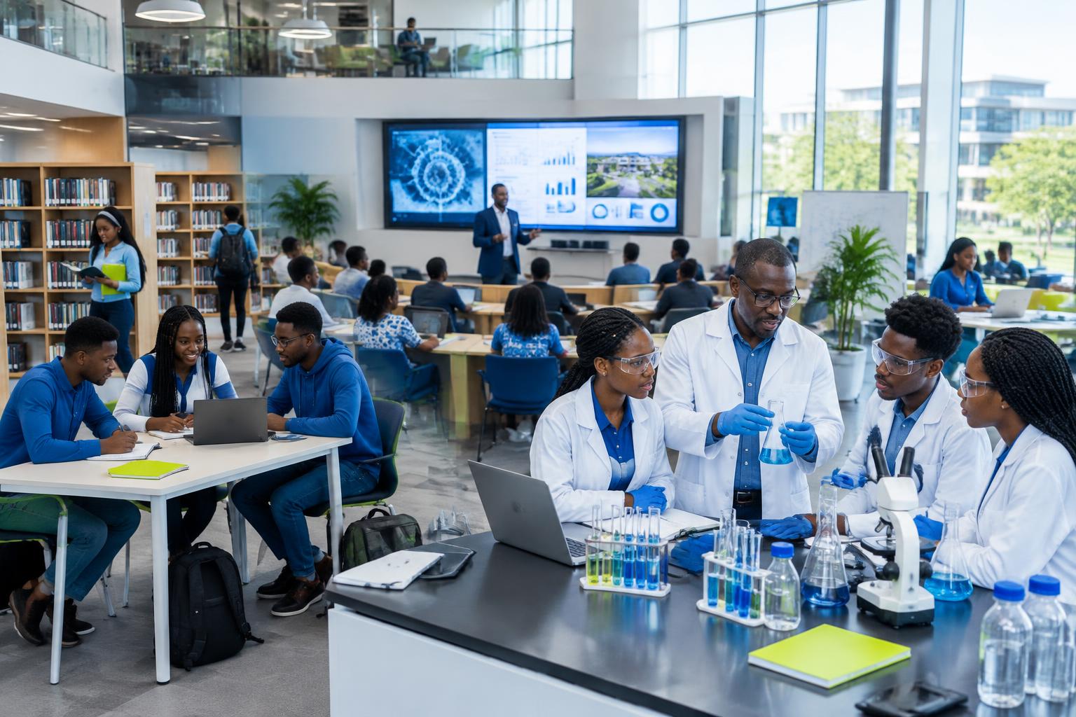 BIG University students and researchers learning in a modern laboratory and library