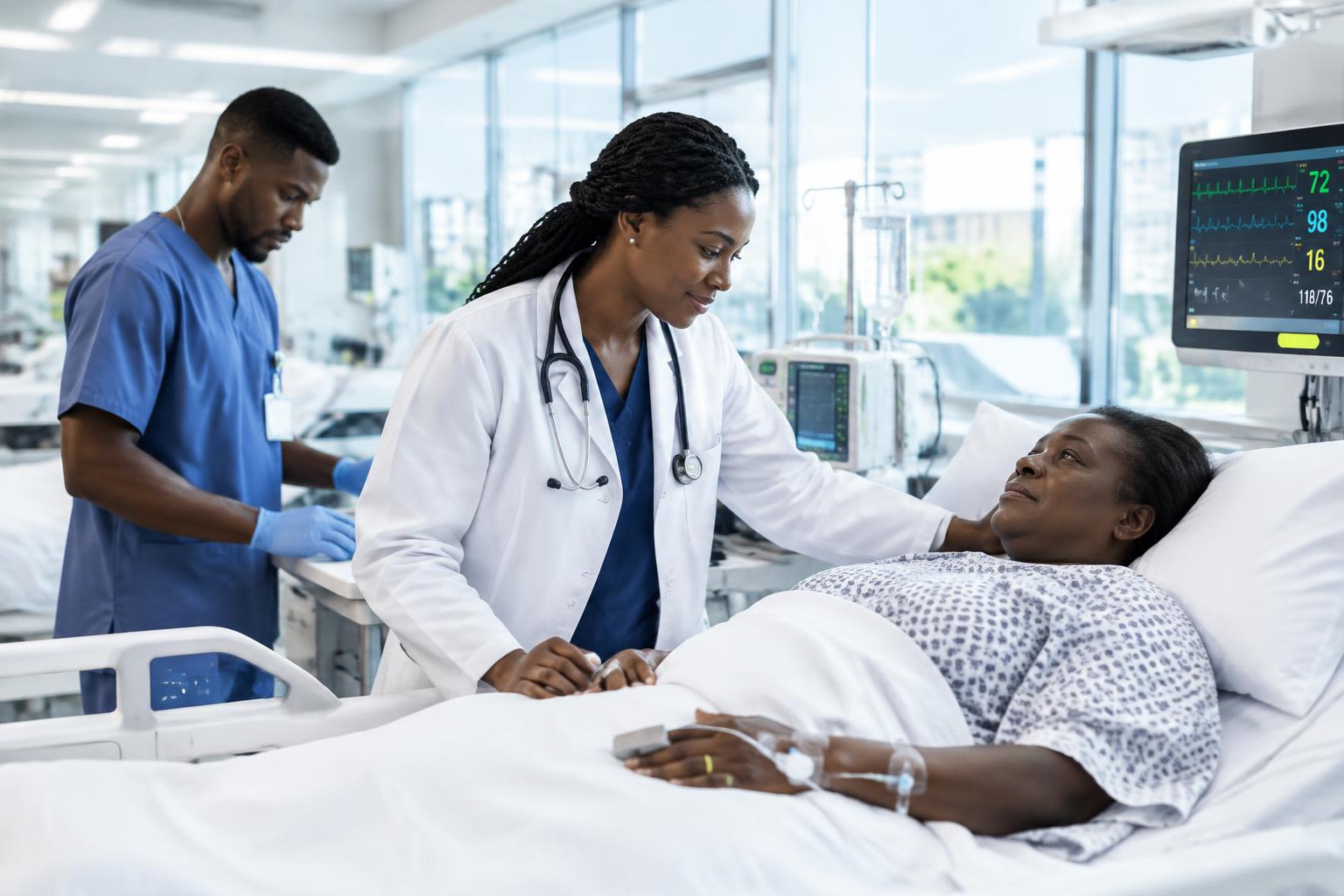 DGI HOSPITAL doctor and nurse providing compassionate care to a patient in a modern clinical facility