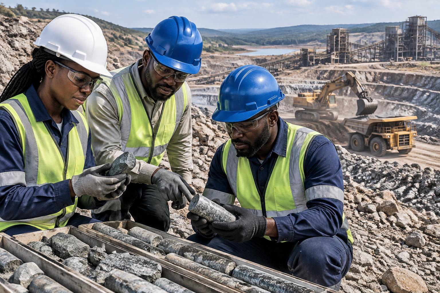RO MINING geologists and mining engineers inspecting mineral core samples at a modern African mining operation